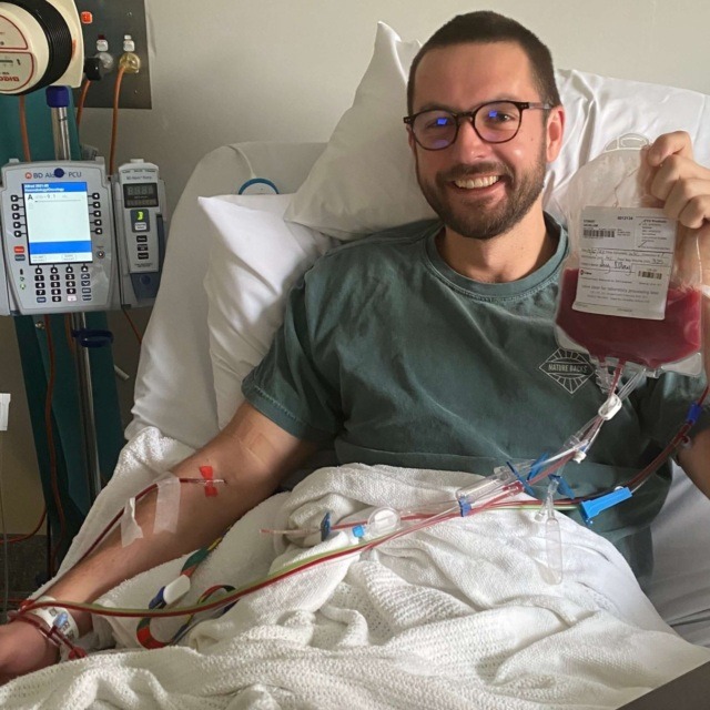 A photo of Iain donating blood stem cells